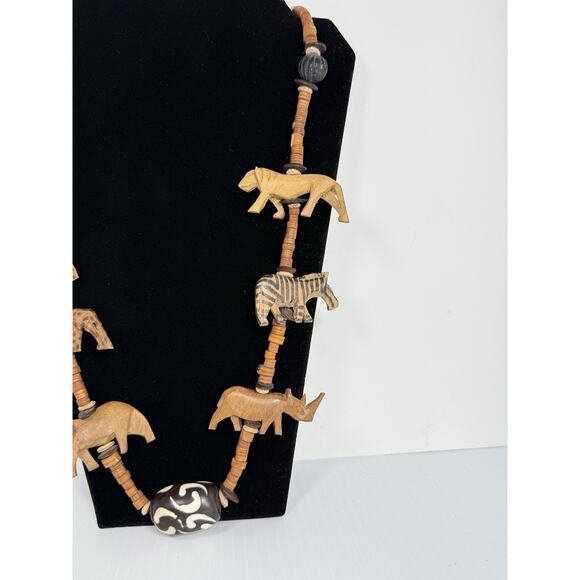 Hand Carved Wooden Necklace Beads Safari Animals Tribal 31" Zebra Elephant More - Picture 3 of 11